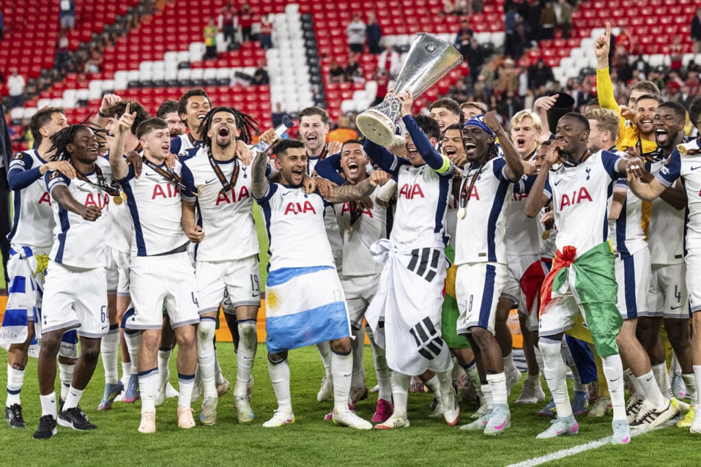 A photo of Tottenham Hotspur lifting the Europa League in 2025 after beating Manchester United in Bilbao.