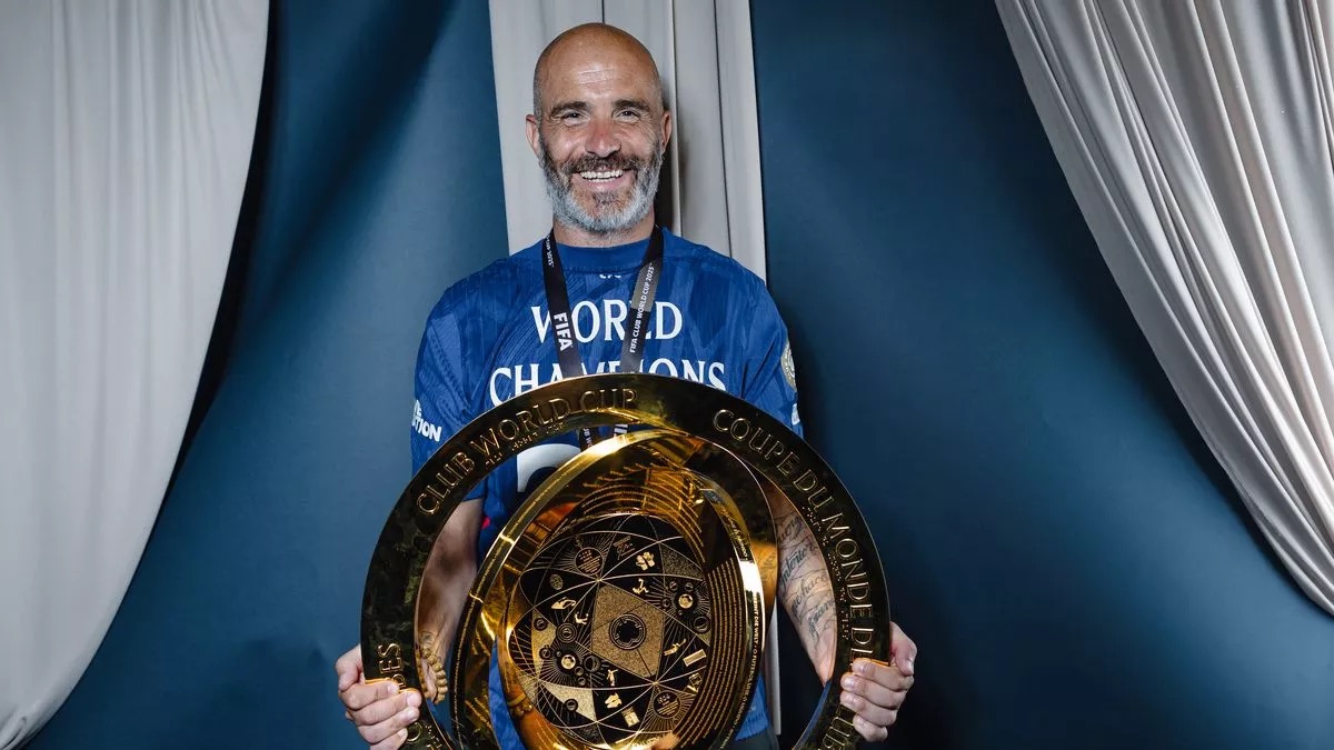 A picture of Chelsea manager Enzo Maresca after winning the FIFA Club World Cup in New York.