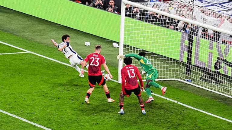 Brennan Johnson scoring the winning goal for Tottenham Hotspur as they beat Manchester United 1-0 in the Europa League final.
