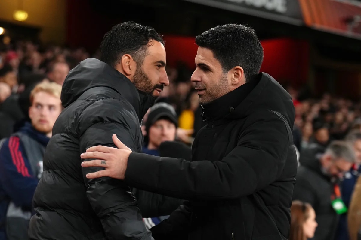 A picture of Manchester United manager Ruben Amorim (left) and Arsenal manager Mikel Arteta (right).