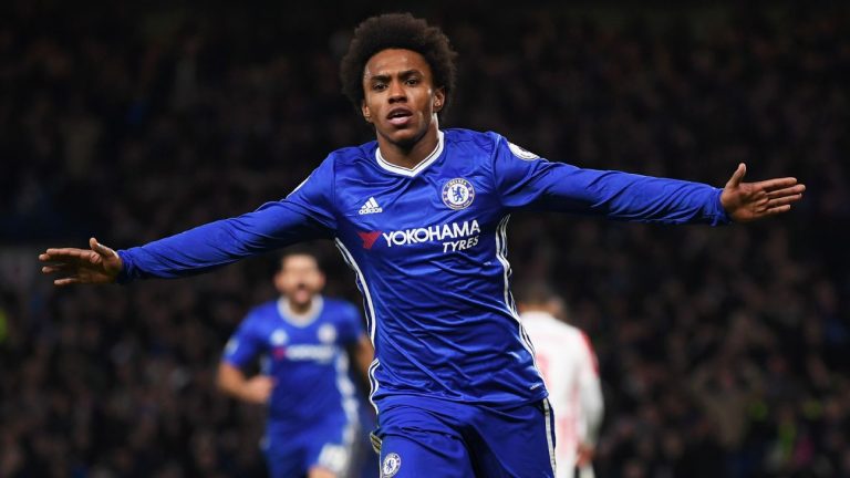 A picture of Willian after scoring for Chelsea.