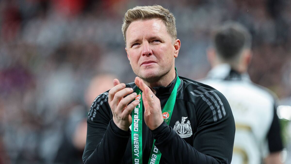 A picture of Newcastle United manager Eddie Howe after beating Liverpool 2-1 in the Carabao Cup final at Wembley Stadium.