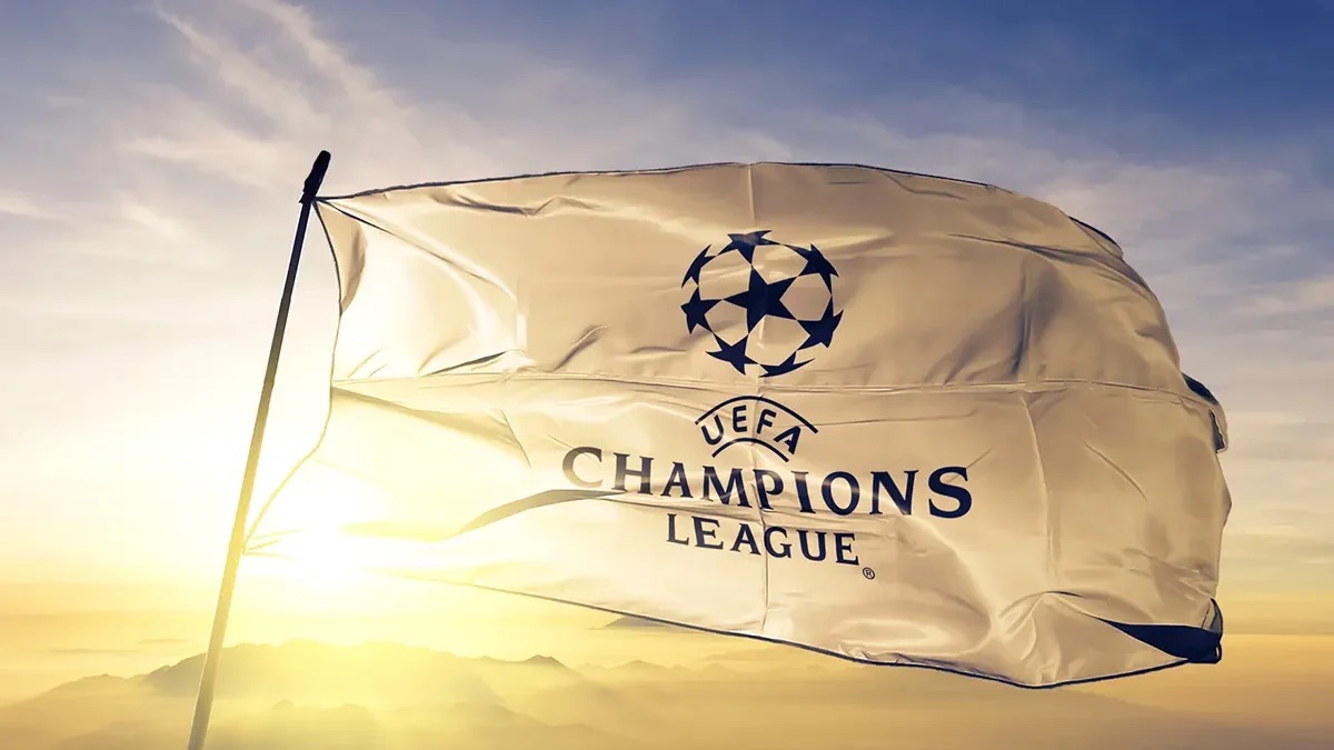A picture of a flag bearing the UEFA Champions League logo.