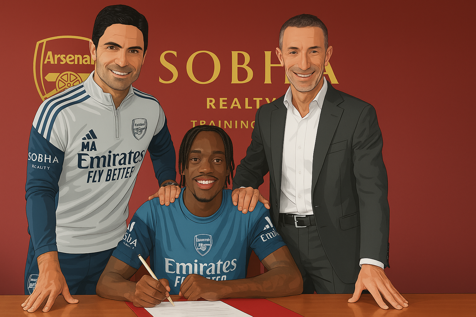 A picture of Noni Madueke after signing for Arsenal, alongside manager Mikel Arteta (left) and sporting director Andrea Berta (right).