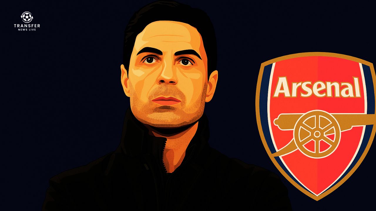 Mikel Arteta and Arsenal crest