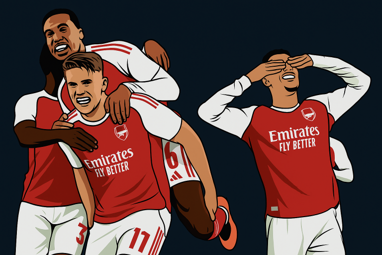 A picture of Arsenal players celebrating a goal during their Champions League win against Atletico Madrid.