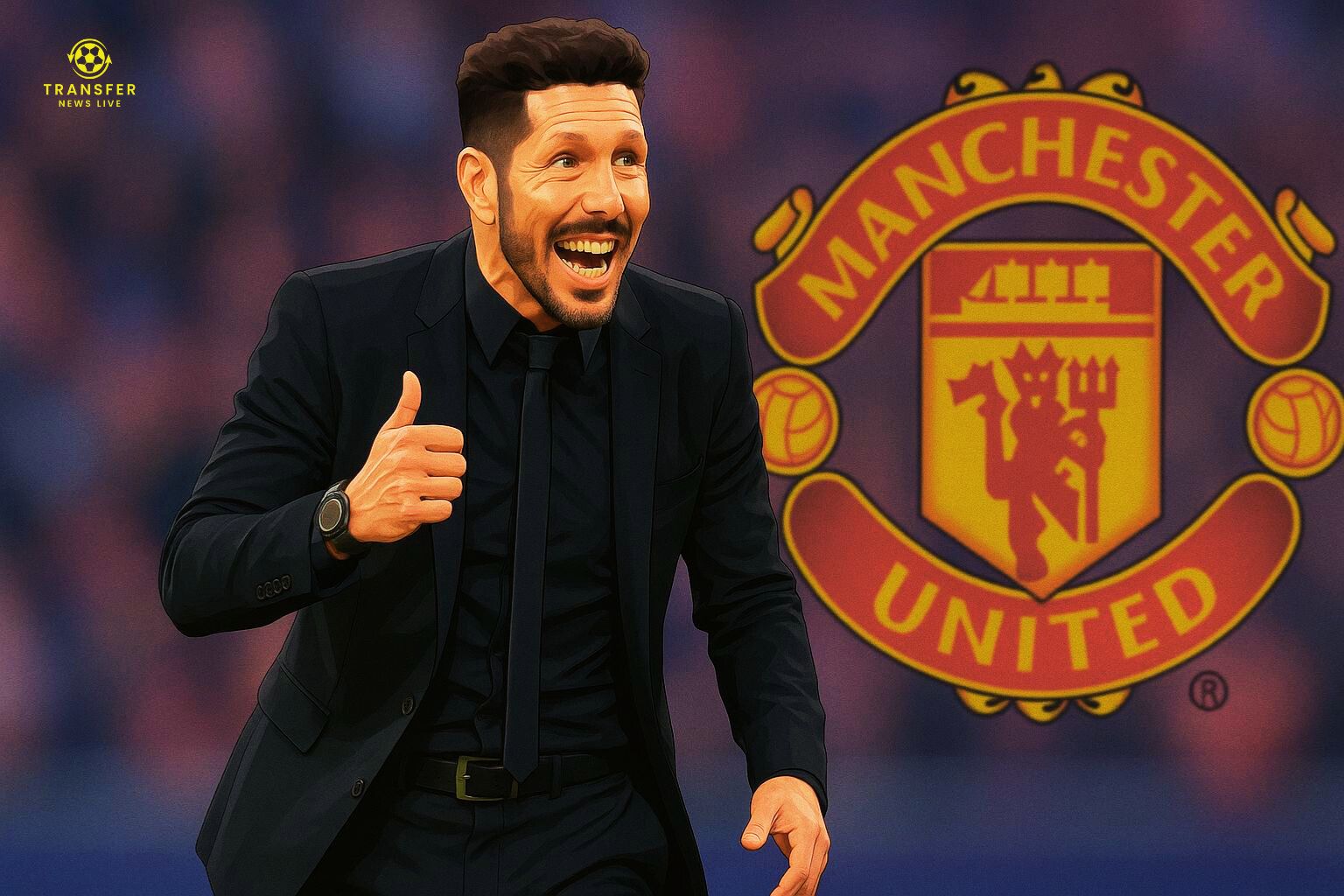 Diego Simeone with Manchester United logo behind