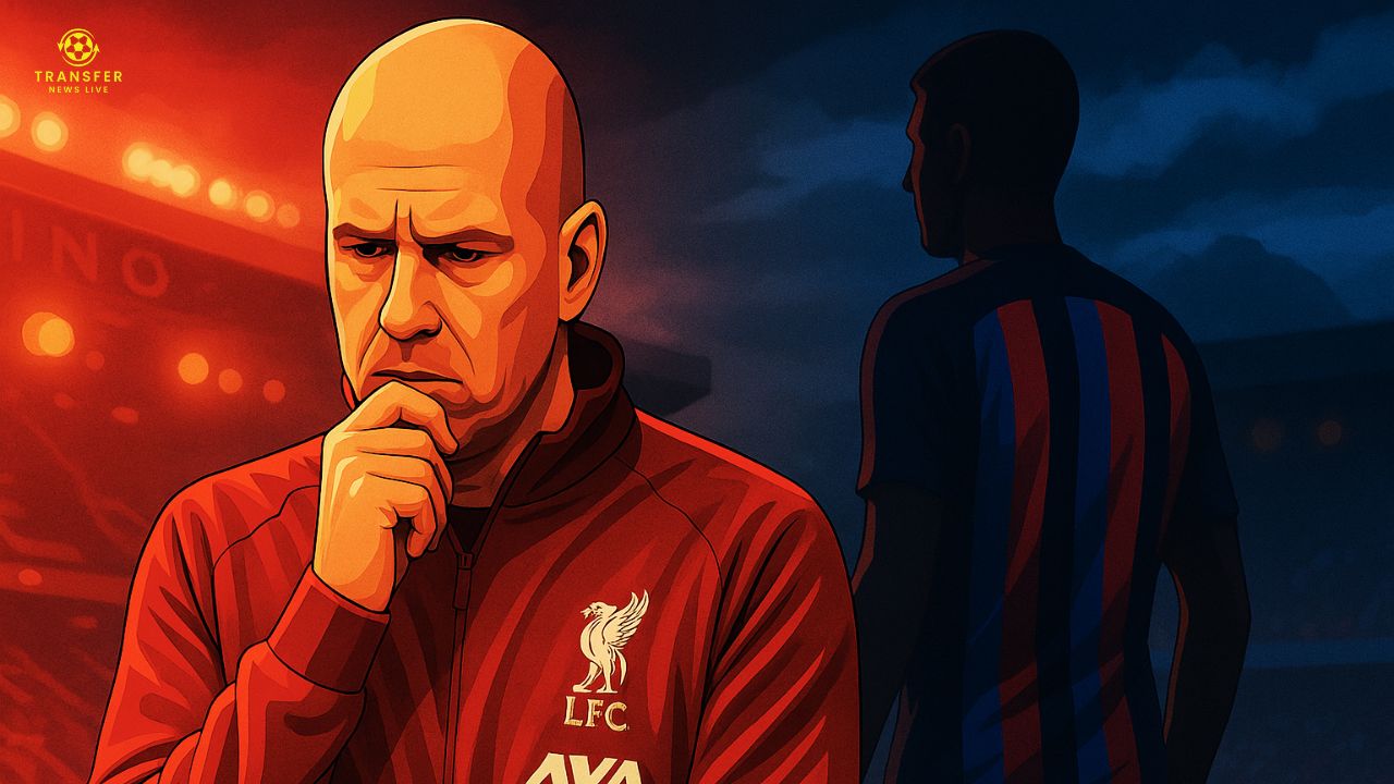 Liverpool manager Arne Slot with a mysterious Barcelona player behind him