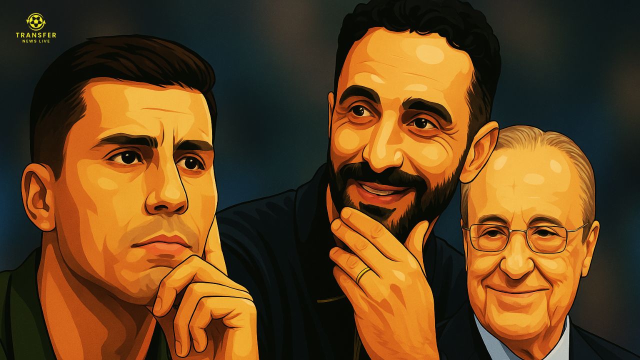 Rodri with Ruben Amorim and Florentino Perez in the background