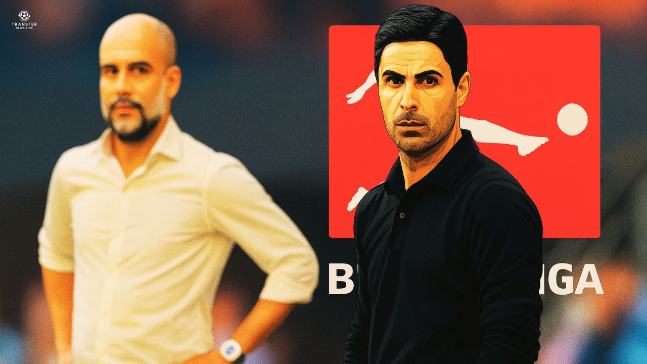 Vectorized image of Mikel Arteta and Pep Guardiola with Bundesliga logo