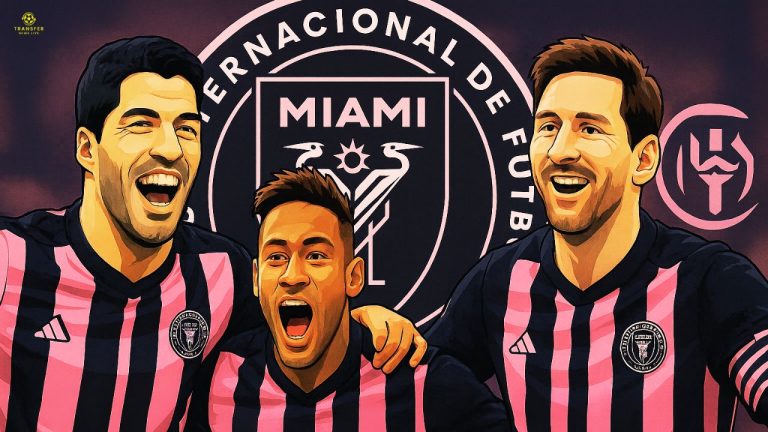 Vectorized image of Suarez, Neymar, Messi wearing Inter Miami shirt with Inter Miami logo