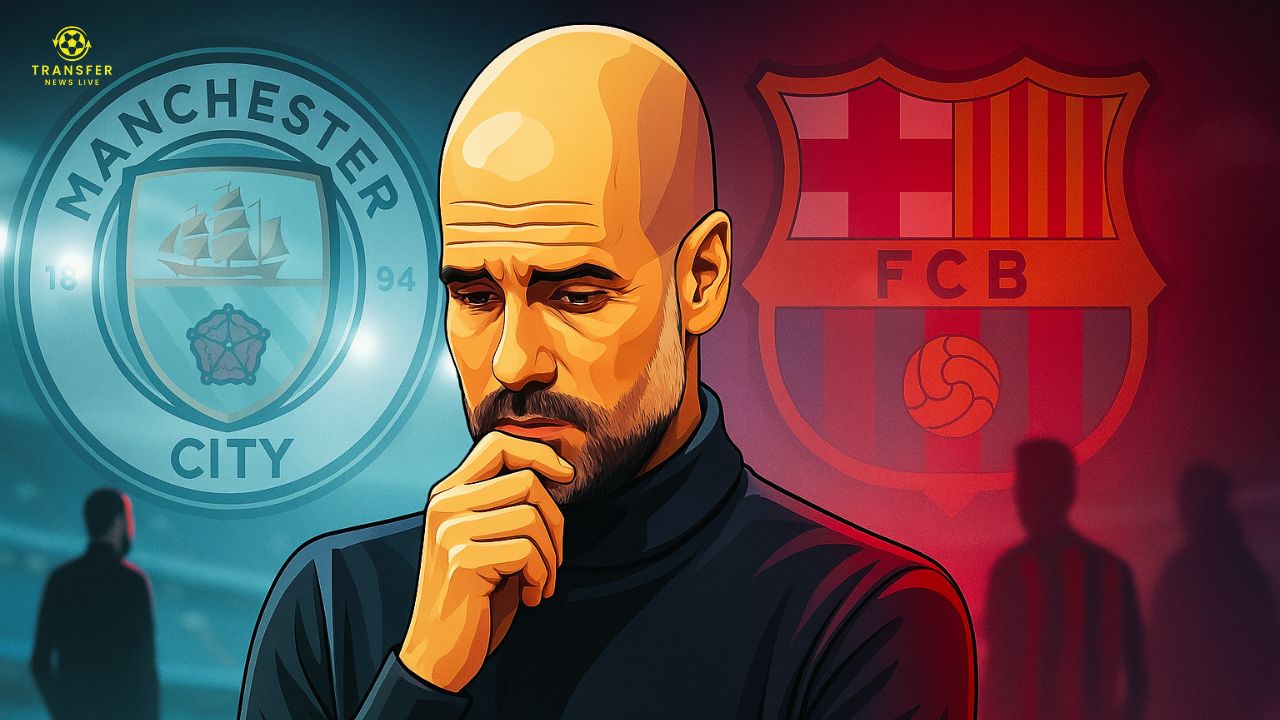 Pep Guardiola looking worried at the Etihad Stadium with faint Manchester City and Barcelona logos in the background