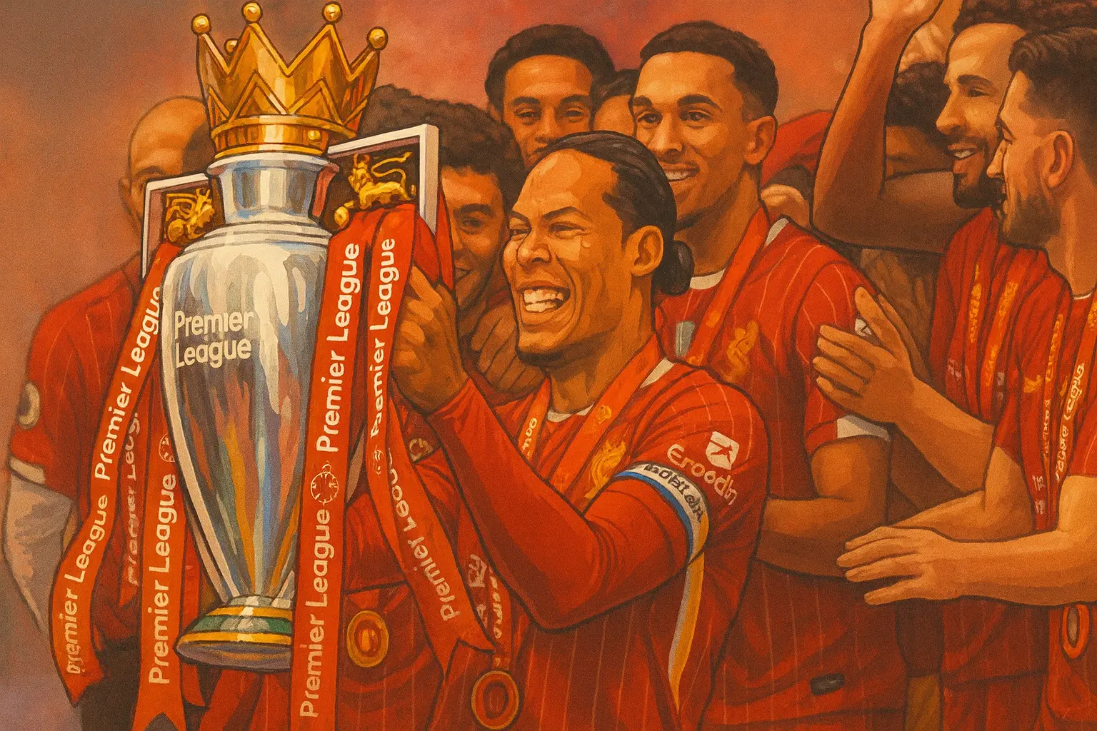 Liverpool team with the Premier League trophy