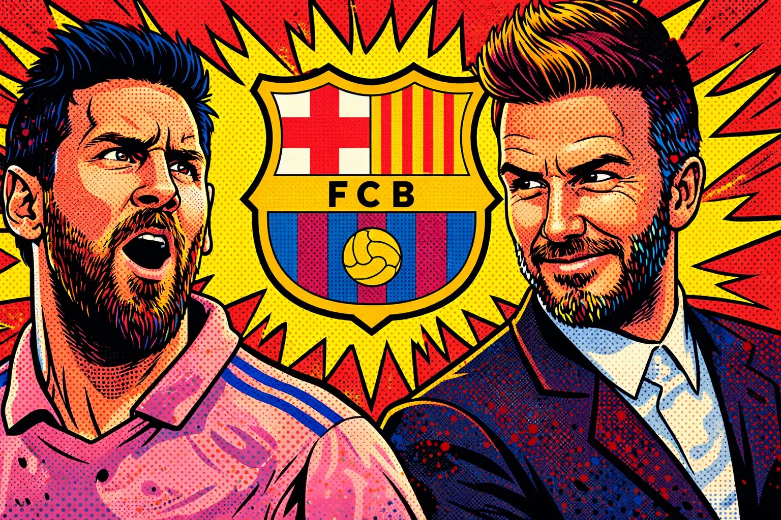 Inter Miami star Lionel Messi with owner David Beckham, and Barcelona logo pop-art
