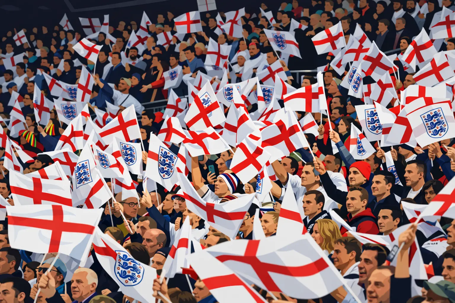 England football fans waving flag inside a stadium