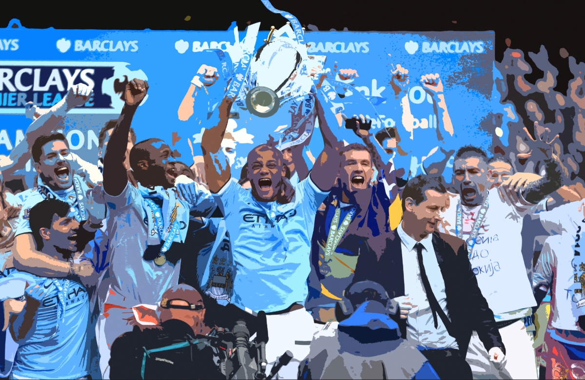 Manchester City lift the 2014 Premier League trophy.