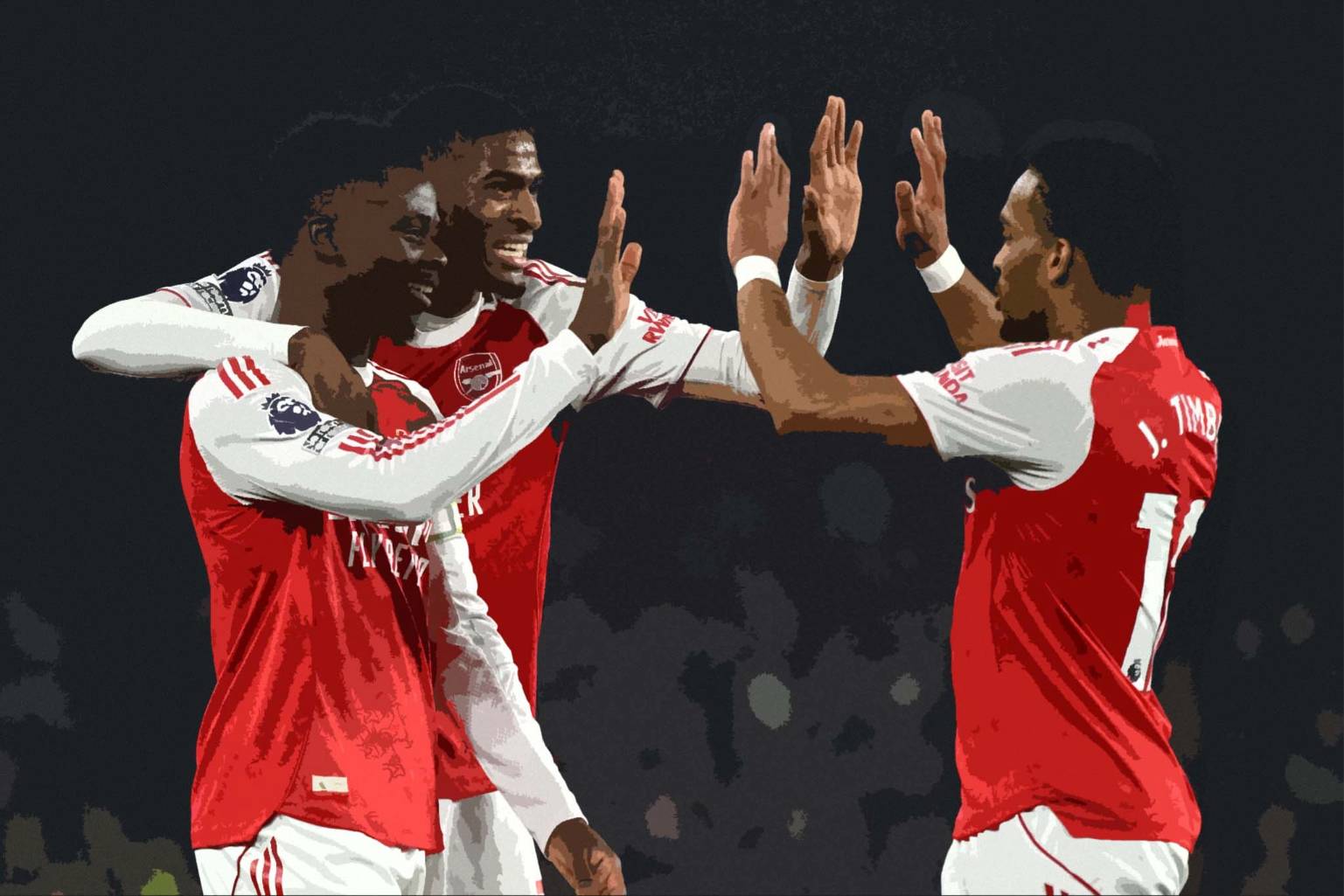 Saka, Mosquera and Timber celebrate, following Saka's goal.