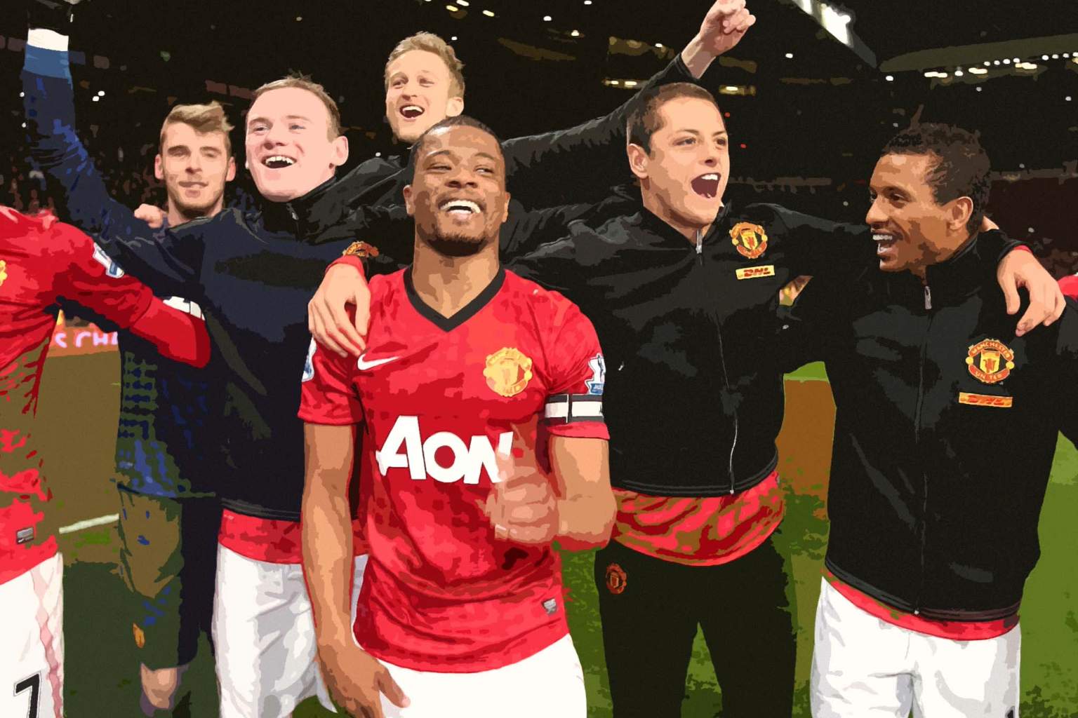 Patrice Evra celebrating Manchester United's Premier League title, 2013.