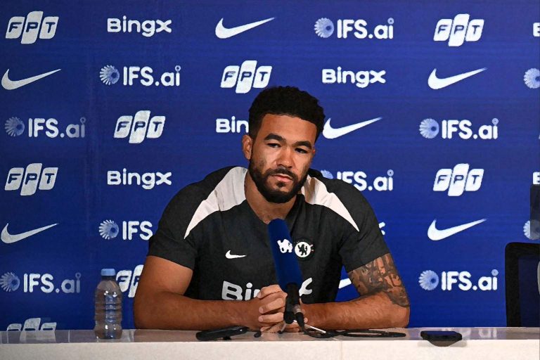 Reece James at a press conference.