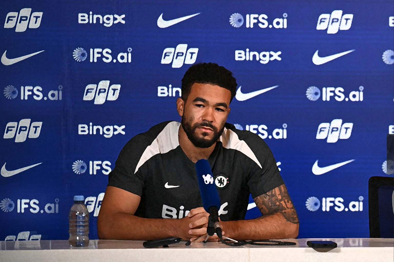 Reece James at a press conference.