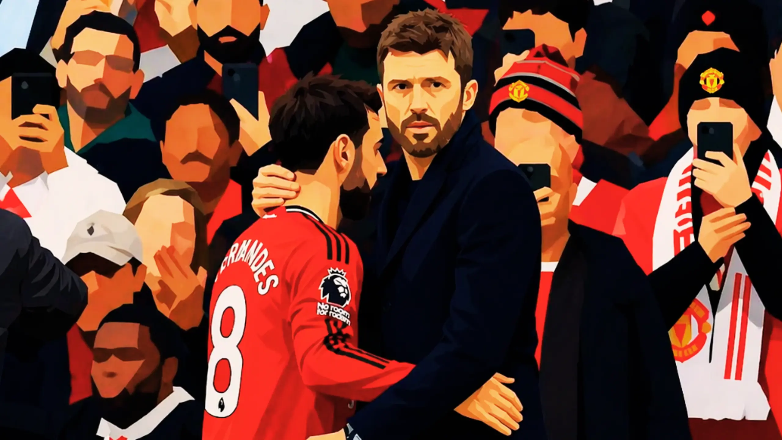 Michael Carrick embracing Bruno Fernandes