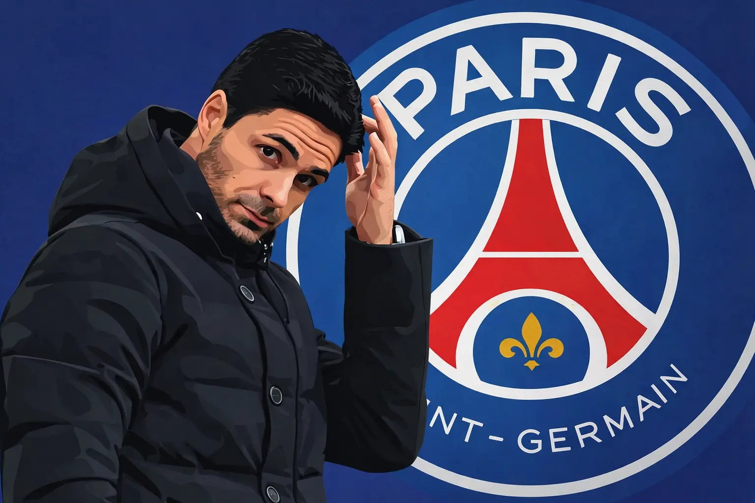 Mikel Arteta with PSG background