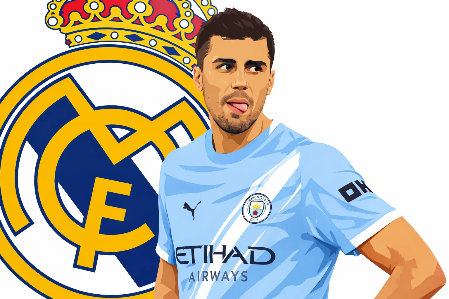 Rodri in front of Real Madrid logo
