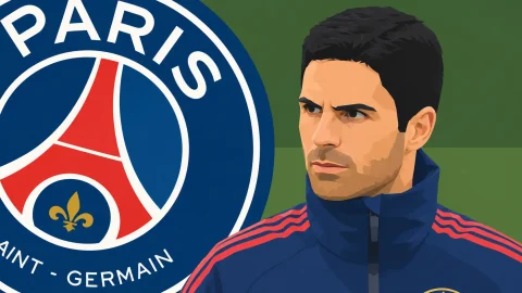 Mikel Arteta with PSG logo in the background