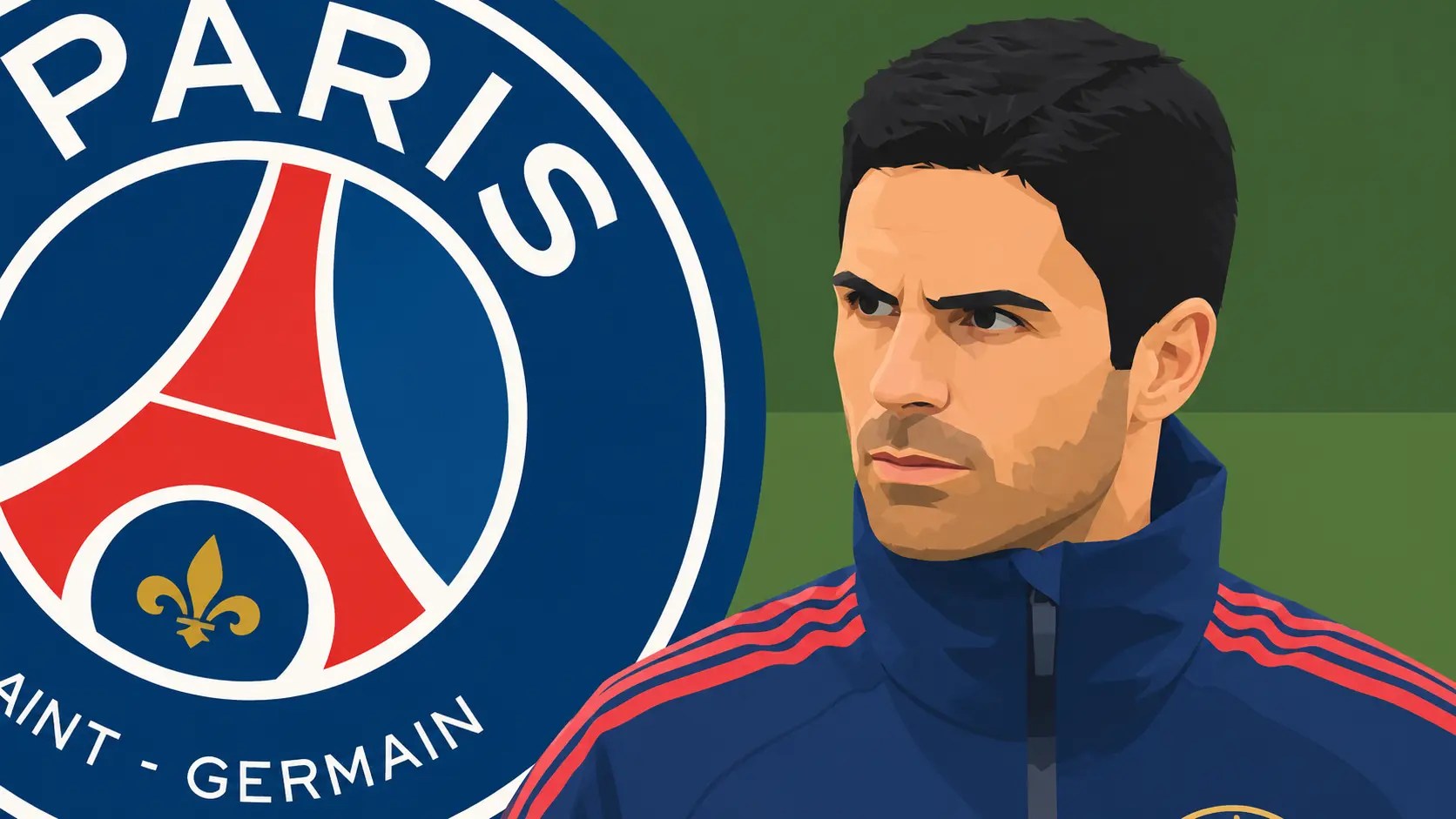 Mikel Arteta with PSG logo in the background