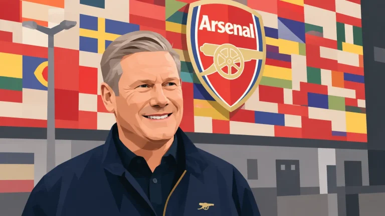 Keir Starmer in front of the Arsenal badge