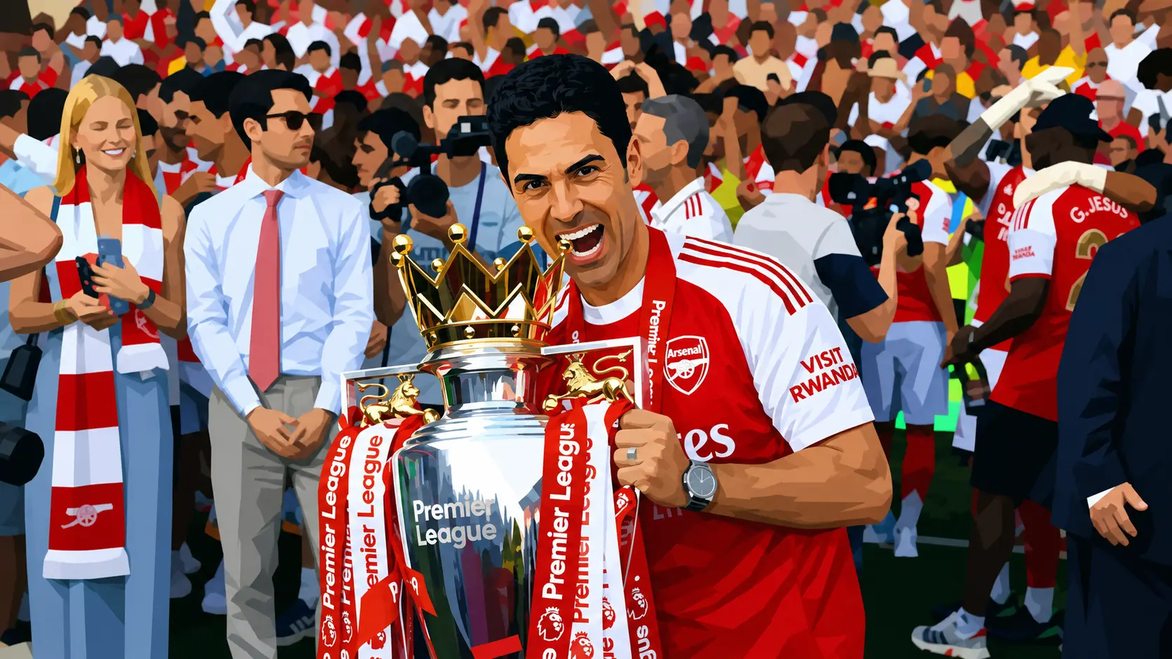 Mikel Arteta holding the Premier League trophy