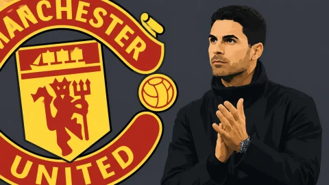 Mikel Arteta staring at Manchester United logo
